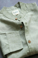 Earthy Route Lyocell Linen Mandarin Shirt in Military Green
