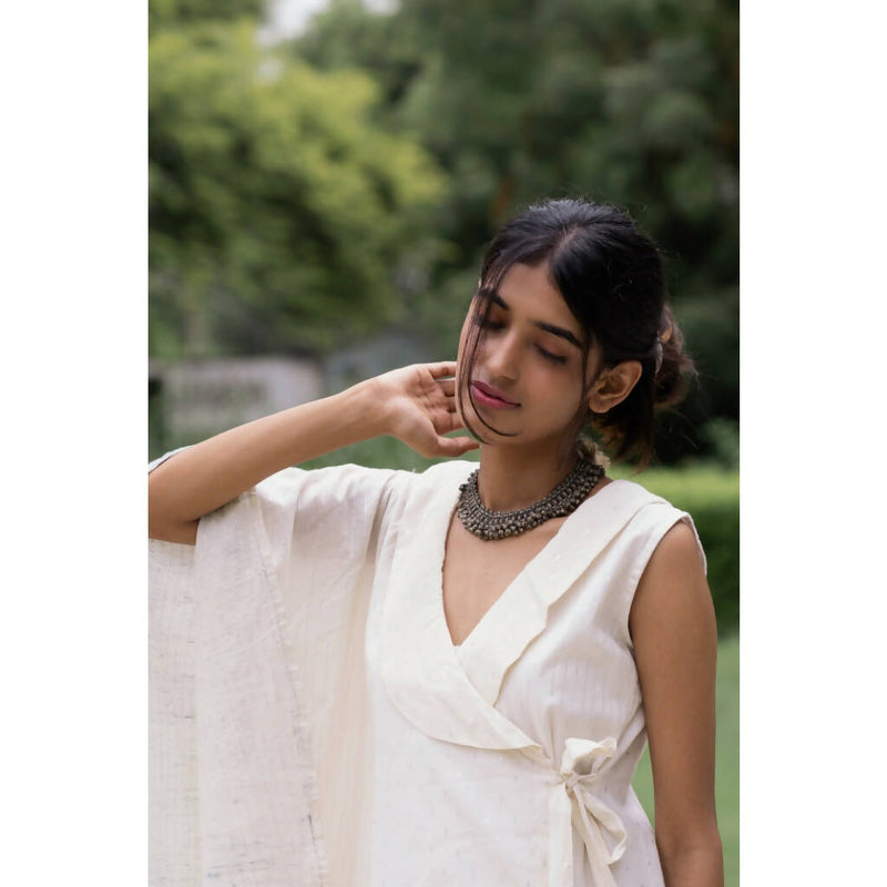 AC By Aratrika Chauhan 100% Organic Handloom Cotton Silver Cream Angarkha Overlap Dress