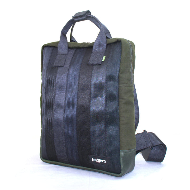 Jaggery Noir Arrive Backpack in Rescued Car Seat Belts and OG Canvas [15"laptop bag]