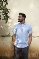 Earthy Route Lyocell Linen Half Shirt in Ice Blue