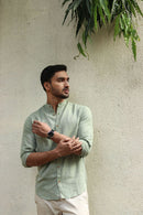 Earthy Route Lyocell Linen Mandarin Shirt in Military Green