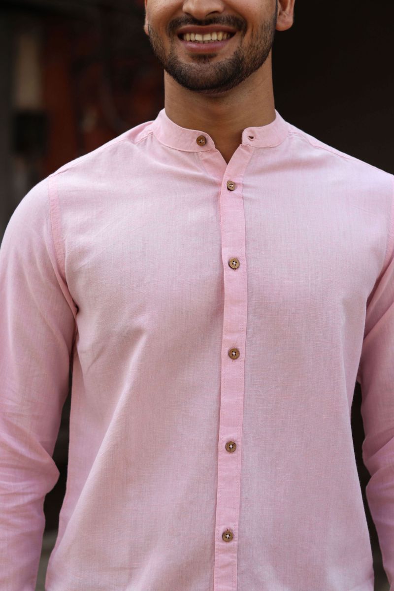 Earthy Route Lyocell Linen Mandarin Shirt in Charm Pink