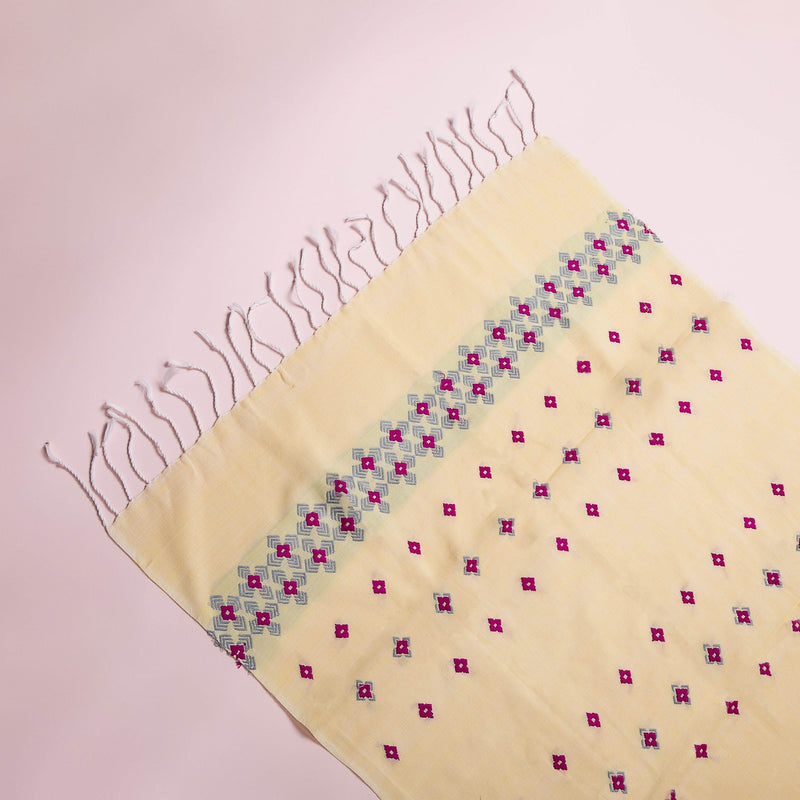 Handcrafted "Minakara Pink on Yellow" handloom Eri Silk & Cotton stole