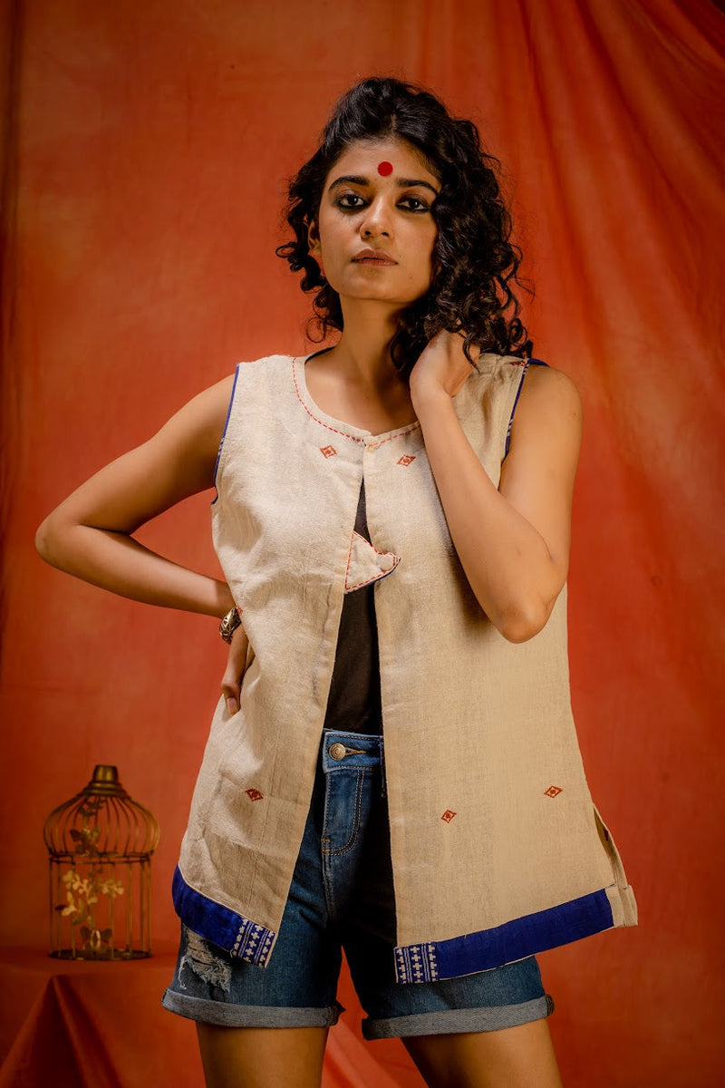 Saanjh- Sleeveless jacket | Kotpad Handloom Cotton Jacket | Prathaa