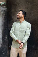 Earthy Route Lyocell Linen Mandarin Shirt in Military Green
