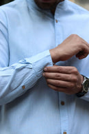 Earthy Route Lyocell Linen Mandarin Shirt in Ice Blue