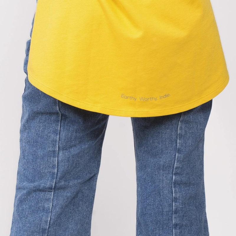 Women's  Organic Cotton High Low Hem Top with Boat Neck Color Mustard Yellow
