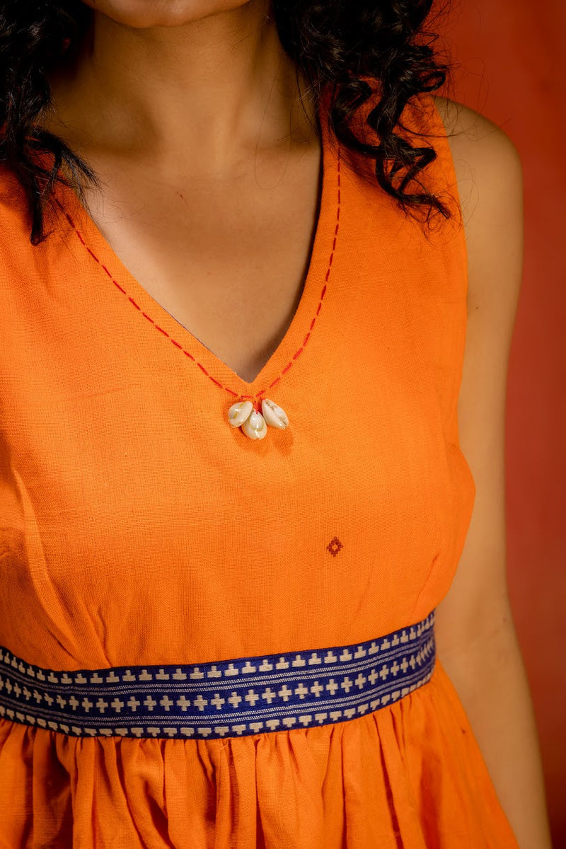 Saanjh- Orange Kotpad Handloom Cotton dress | Prathaa
