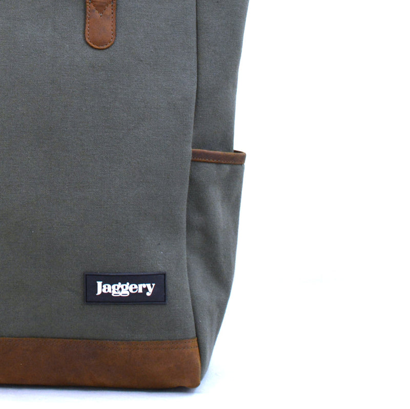Jaggery Outback and Beyond Marlini Tote Bag in Rescued Army Olive Green Canvas & Salvaged Nubuck