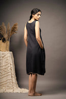 Taraasi Women's Black Minimalist Dress With Pintucks And Handmade Jute Lace