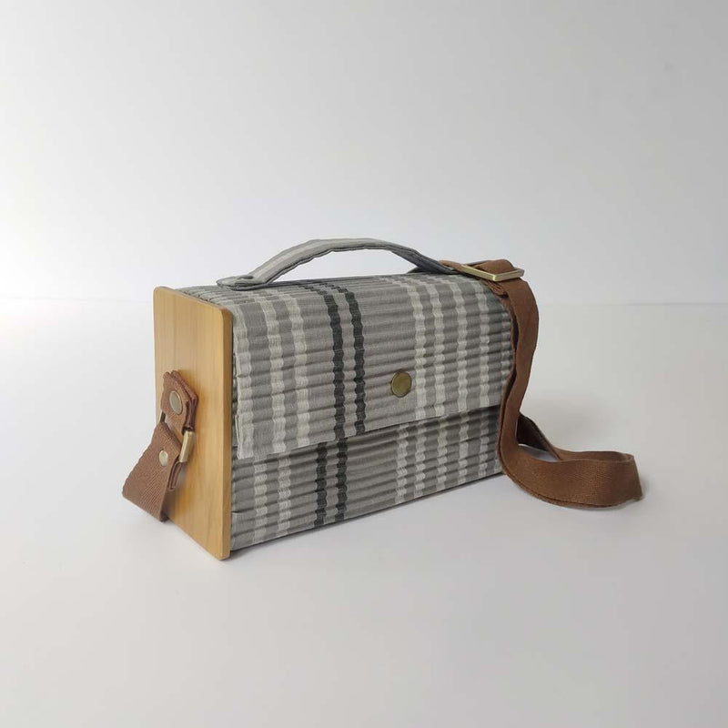 Lukka Chuppi  Combo of Box Sling Bag in Organic Cotton and Reclaimed Wood - Geometric Green & Grey Double Lines