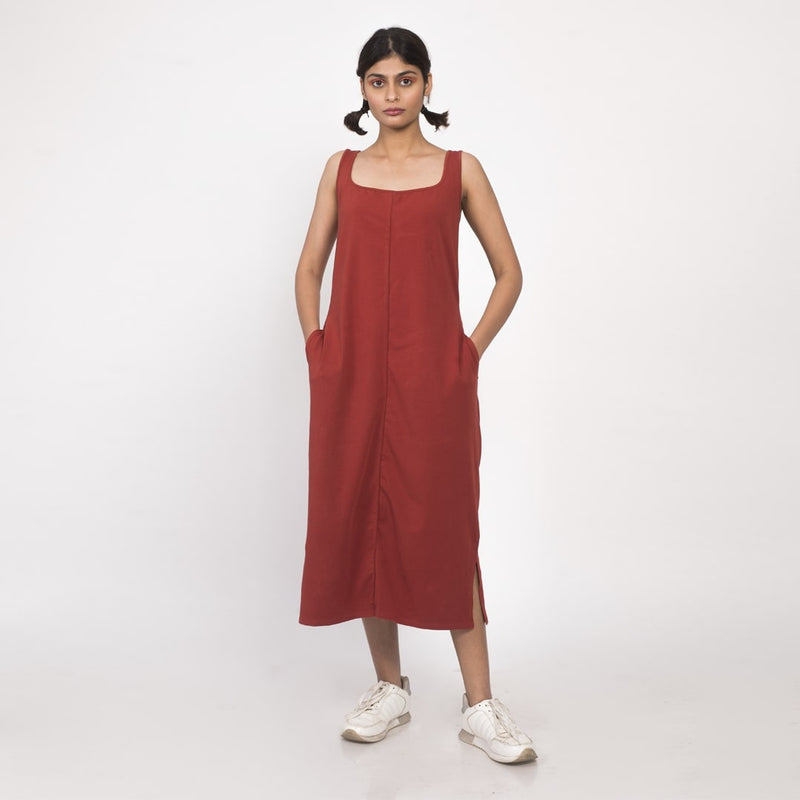 Women’s Organic Cotton Midi Dress Color Maroon Square Neck