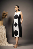 Taraasi Women's Black And White Handwoven Cotton Appliqué Work On Basic Fabric Using Buttonhole Stitch Dress
