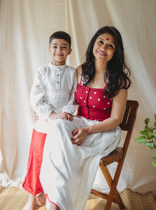Prathaa Twinning Mother Son Duo Set in White and Red