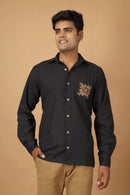 Tamaksh Men's Black Matka Cotton Ahir Hand Embroidery Shirt