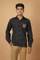 Tamaksh Men's Black Matka Cotton Ahir Hand Embroidery Shirt