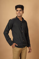 Tamaksh Men's Black Matka Cotton Ahir Hand Embroidery Shirt