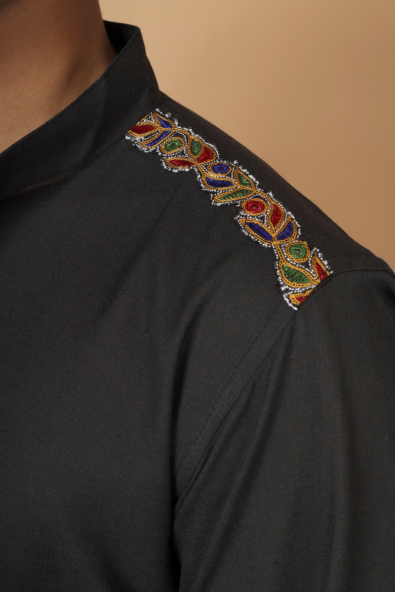Tamaksh Men's Black Matka Cotton Ahir Hand Embroidery Shirt