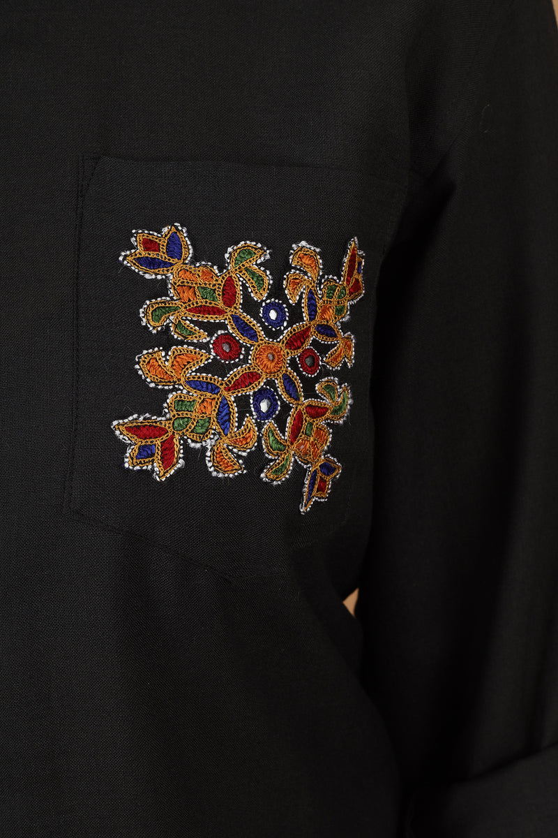 Tamaksh Women's Black Matka Cotton Ahir Hand Embroidery Shirt