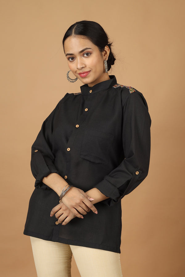 Tamaksh Women's Black Matka Cotton Ahir Hand Embroidery Shirt