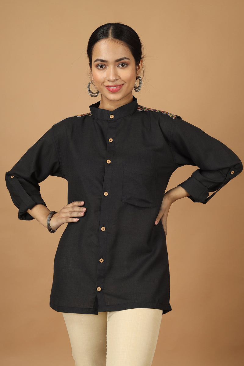 Tamaksh Women's Black Matka Cotton Ahir Hand Embroidery Shirt