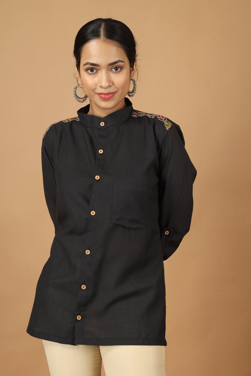 Tamaksh Women's Black Matka Cotton Ahir Hand Embroidery Shirt