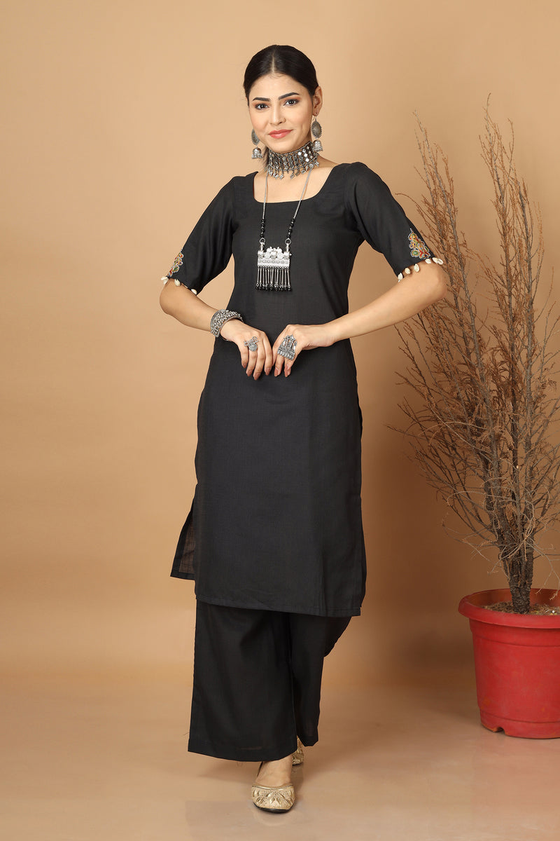 Tamaksh Women's Black Matka Cotton Ahir Hand Embroidery Co-ord Set