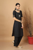 Tamaksh Women's Black Matka Cotton Ahir Hand Embroidery Co-ord Set