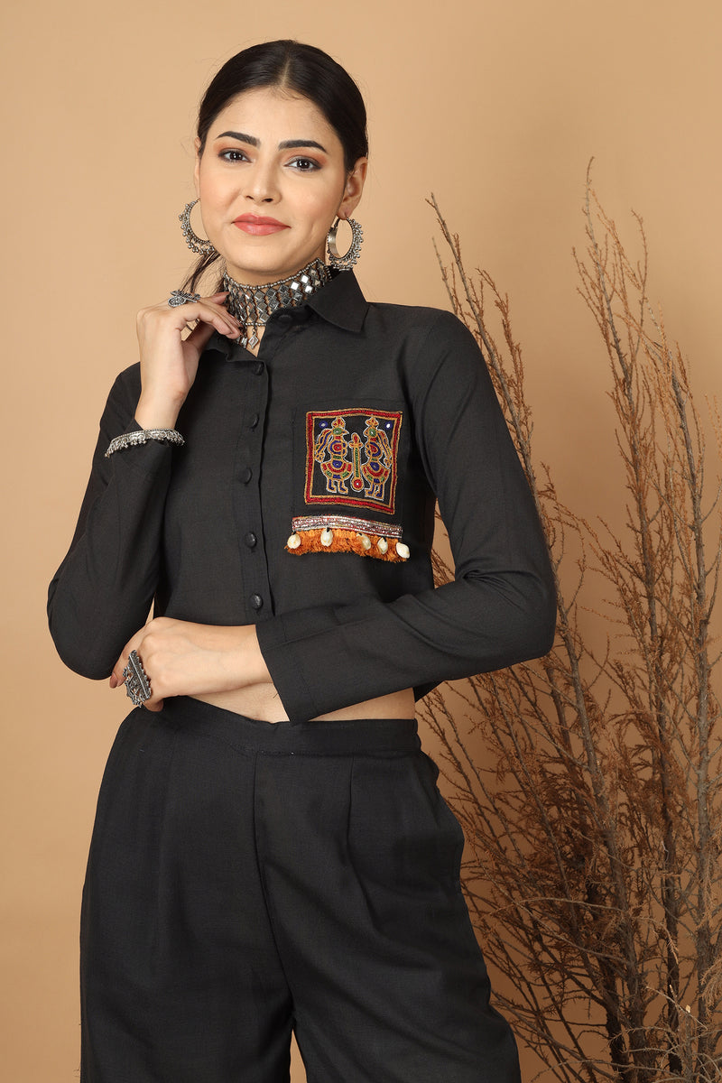 Tamaksh Women's Black Matka Cotton Ahir Hand Embroidery Co-ord Set