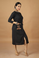 Tamaksh Women's Black Matka Cotton Ahir Hand Embroidery Dress