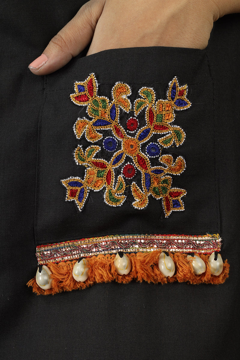 Tamaksh Women's Black Matka Cotton Ahir Hand Embroidery Dress