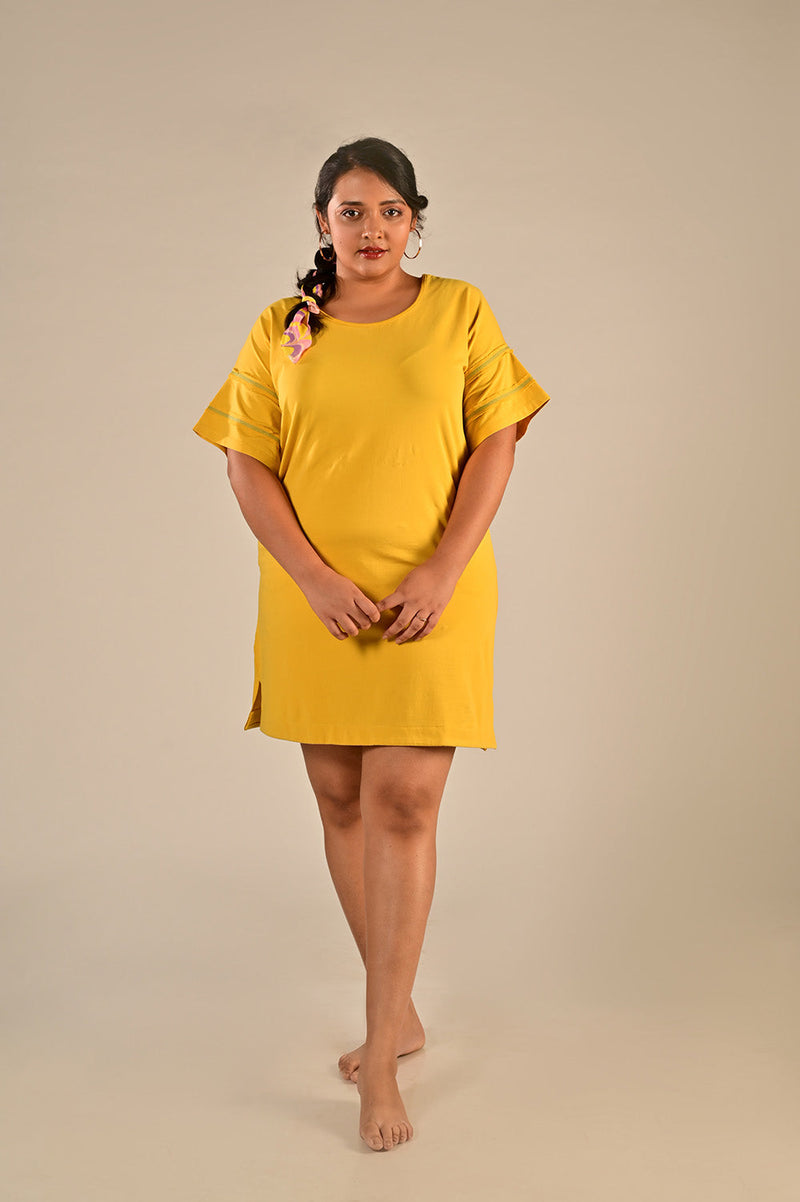 Women’s Organic Cotton Mustard Yellow Knee Length T-shirt Dress