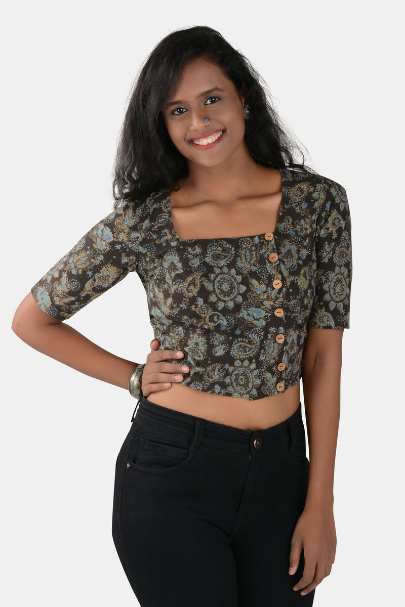 Tamaksh Women's Black Cotton Handcrafted Ajrakh Top