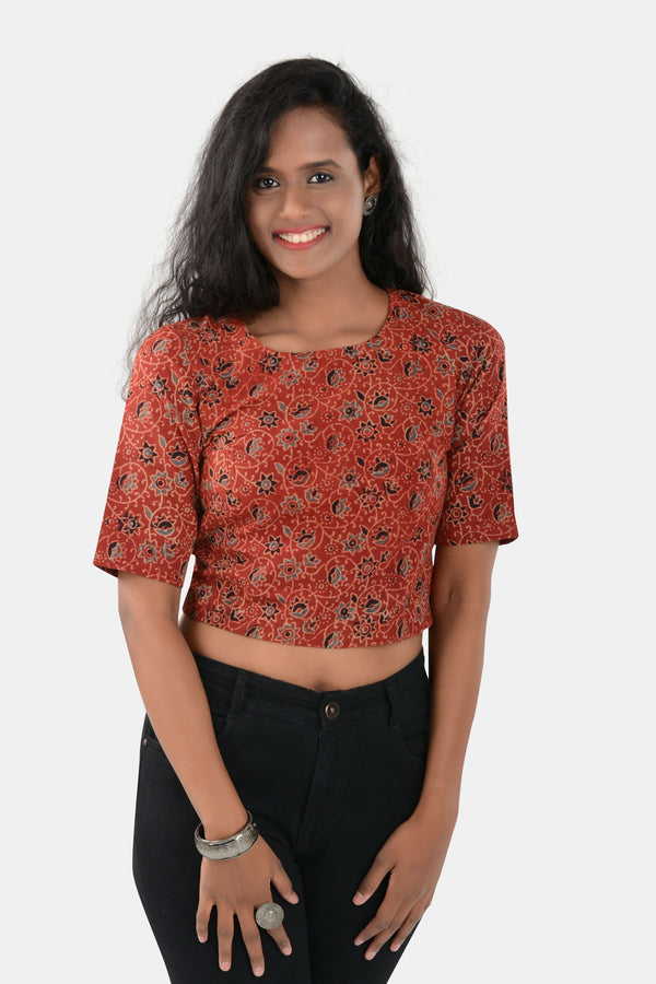Tamaksh Women's Red Cotton Handcrafted Ajrakh Top