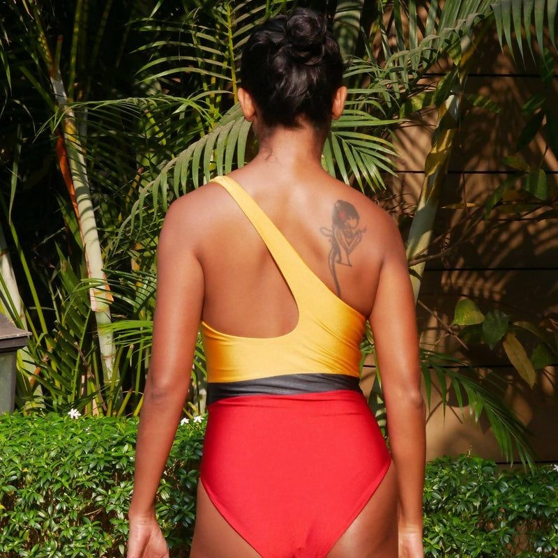 Goya Swim Co's Gold & Crimson Red Color Block One Shoulder Swimsuit- Germany