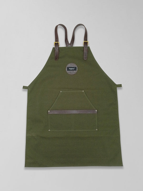 Jaggery Eco Warrior Apron in Rescued Ex-Army Olive Green Canvas & Salvaged Nubuck
