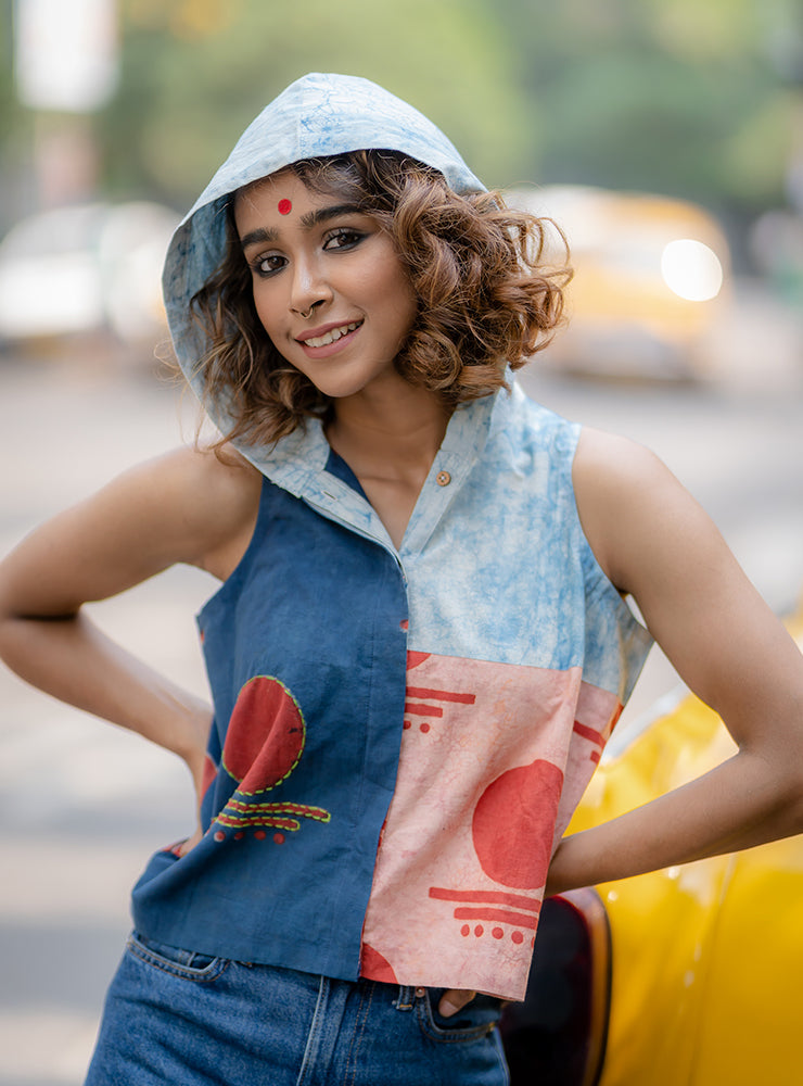 Prathaa Indigo & Pink 100% Handloom Cotton Hoodie Top