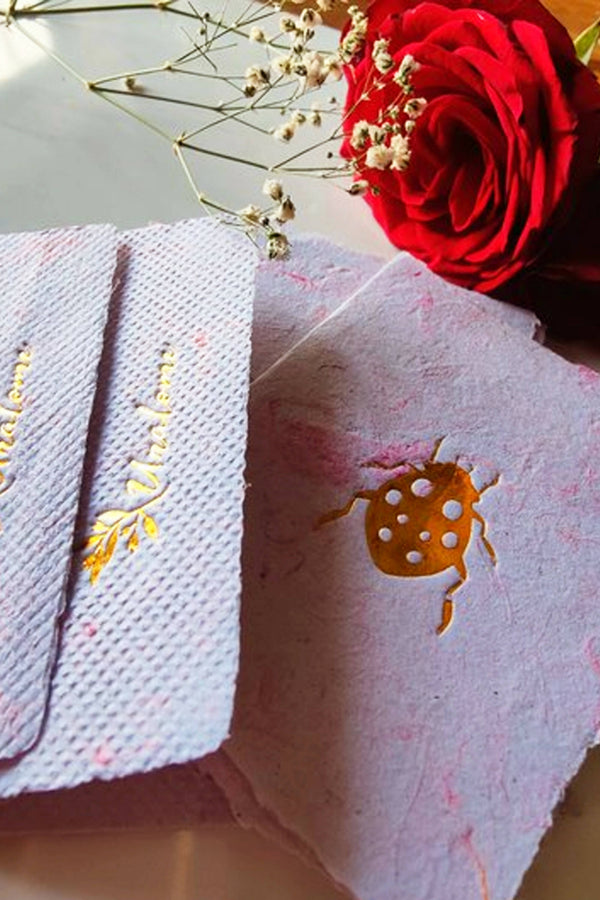 Unalome Ladybug Handmade Pink Textile Paper Wishcards - Set of 5