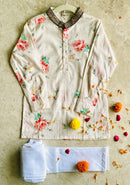 Ethically Made Pink Floral Kurta Pajama Set, Bottlegreen silk bandi