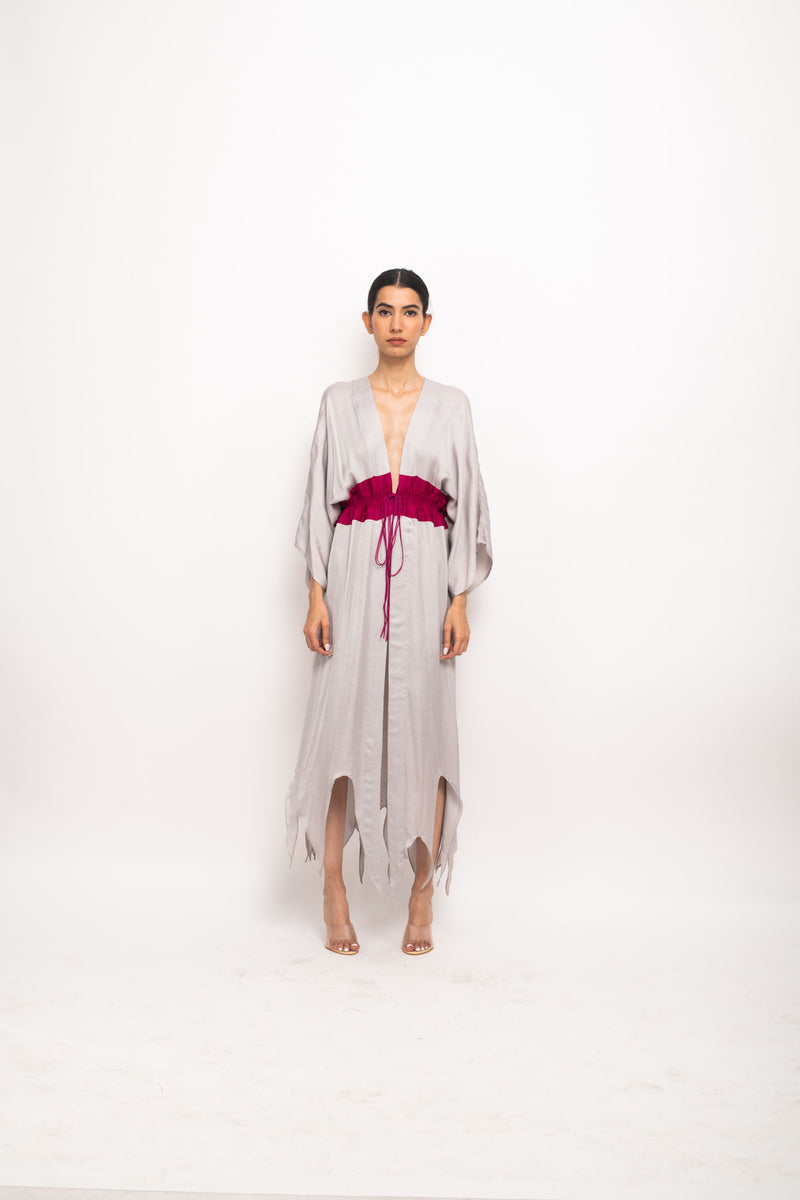 Neora by Nehal Chopra Bemberg Modal Silk Grey-Wine Asymmetrical Cape