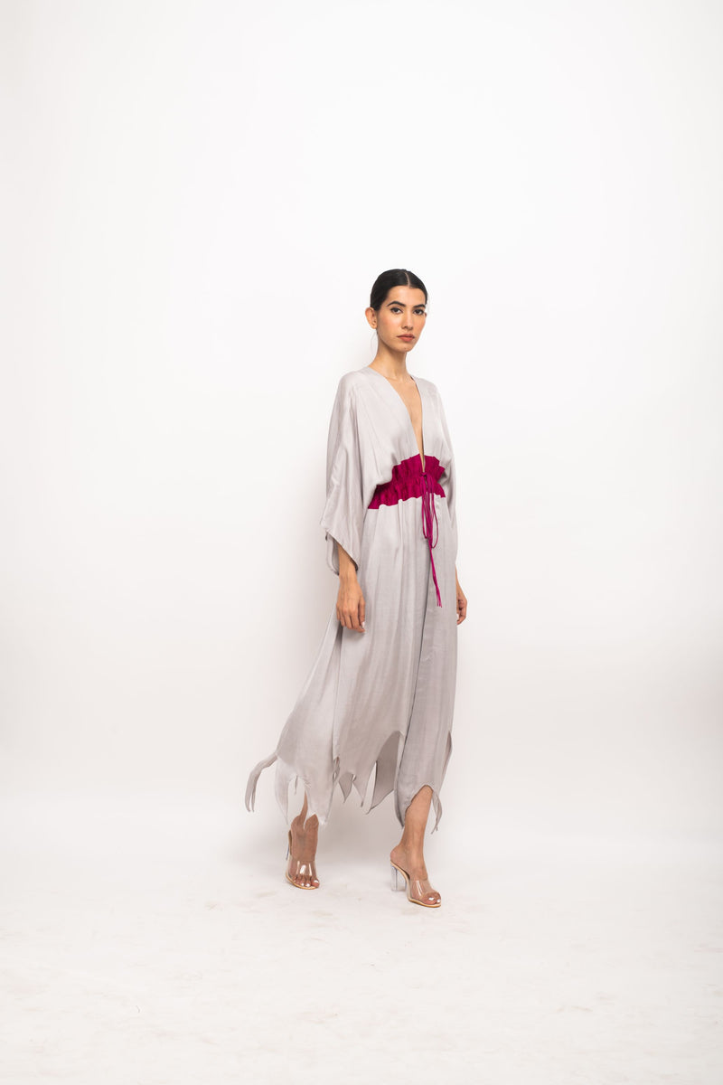 Neora by Nehal Chopra Bemberg Modal Silk Grey-Wine Asymmetrical Cape