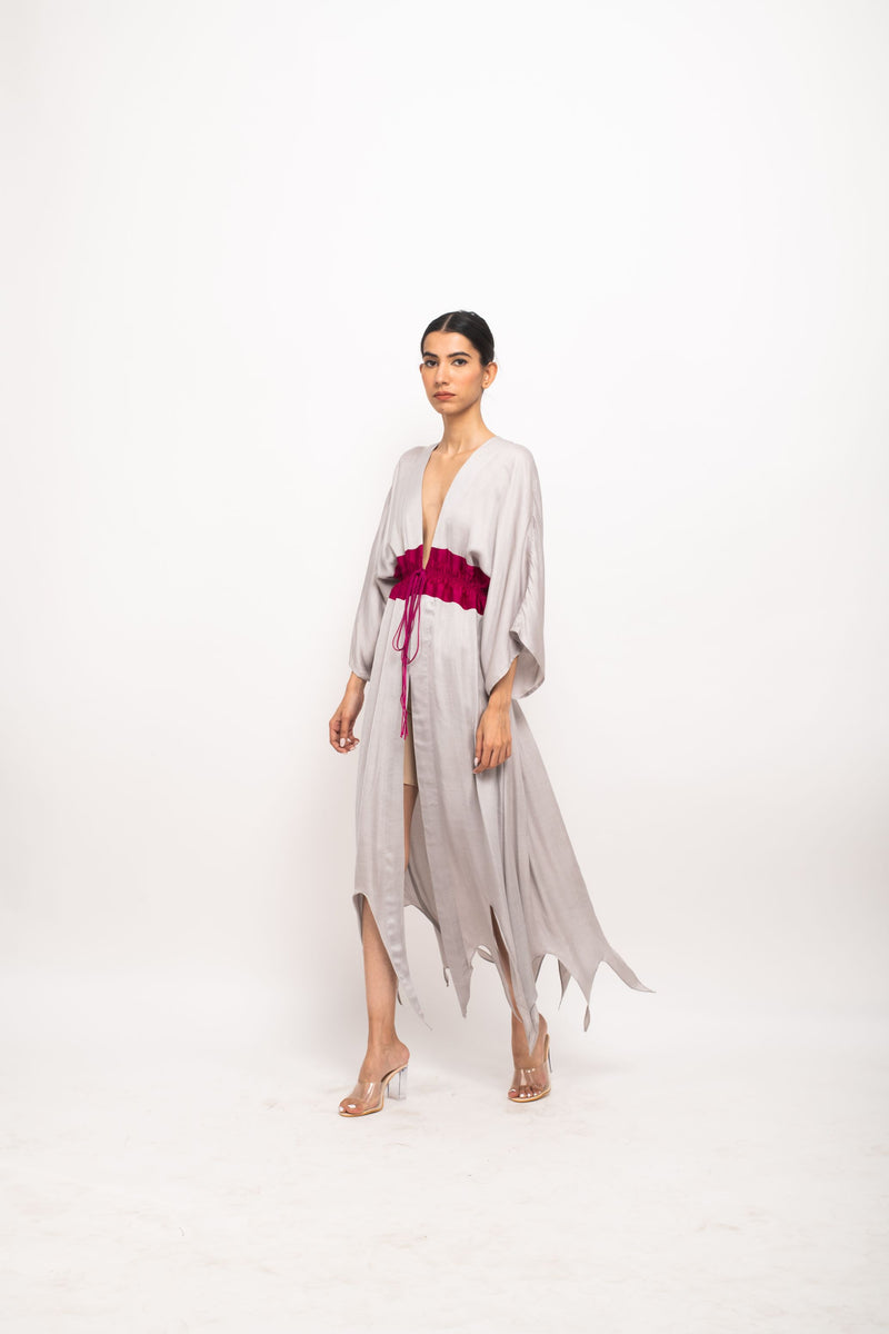 Neora by Nehal Chopra Bemberg Modal Silk Grey-Wine Asymmetrical Cape