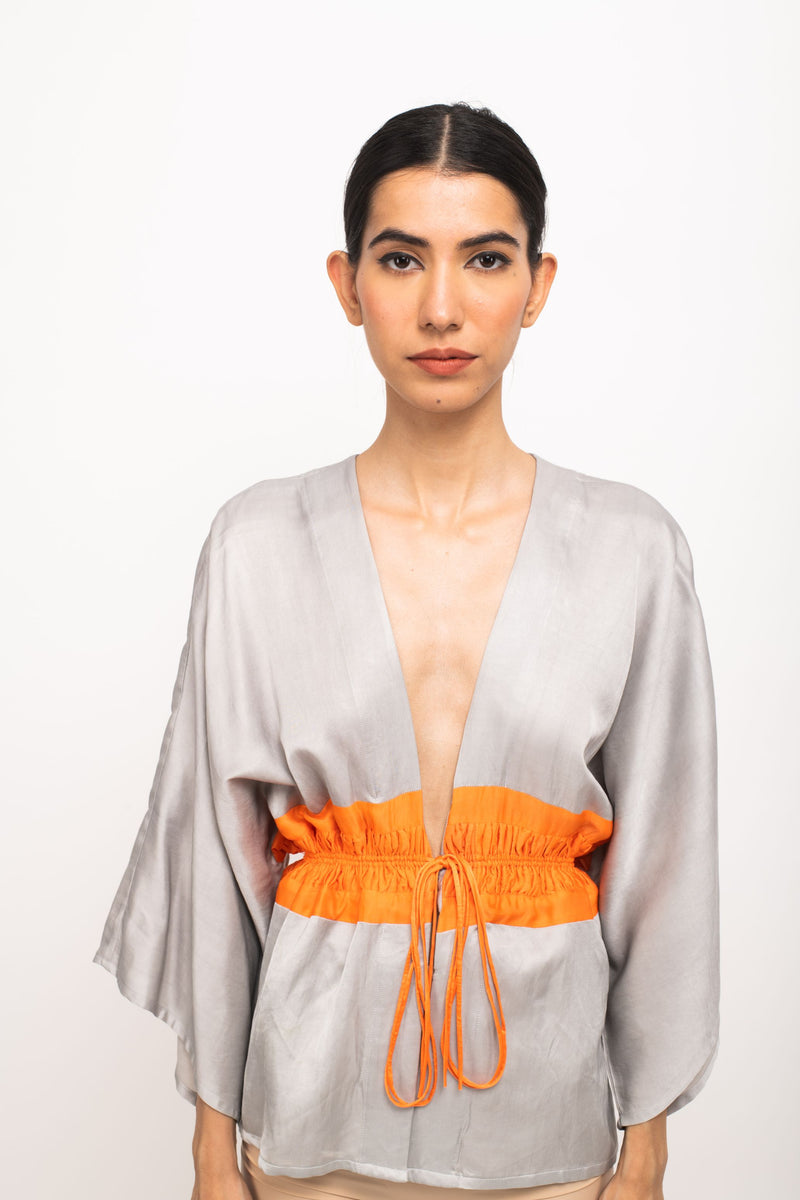 Neora by Nehal Chopra Bemberg Modal Silk Grey-Orange Short Cape