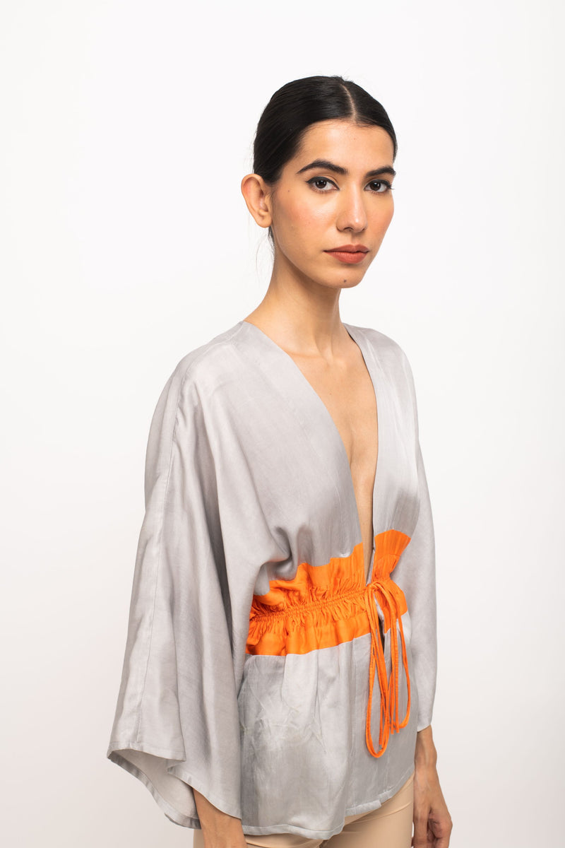 Neora by Nehal Chopra Bemberg Modal Silk Grey-Orange Short Cape