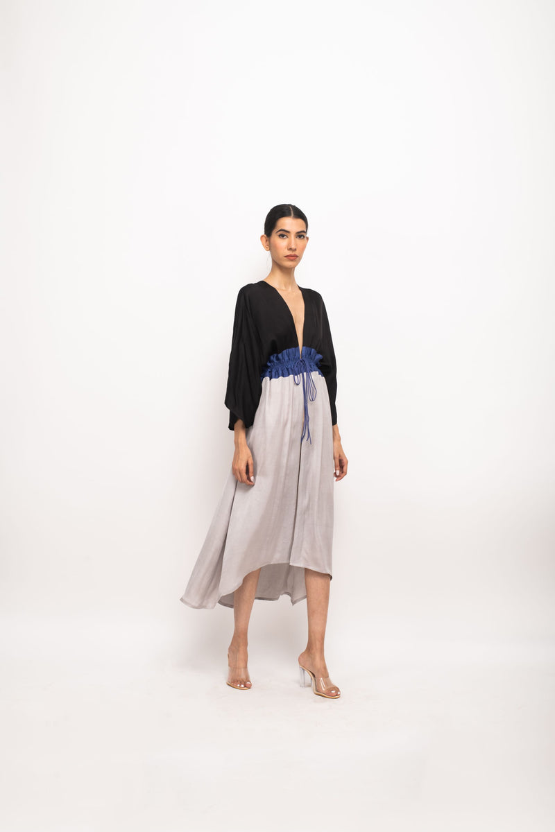 Neora by Nehal Chopra Bemberg Modal Silk Black-Blue-Grey High Low Cape