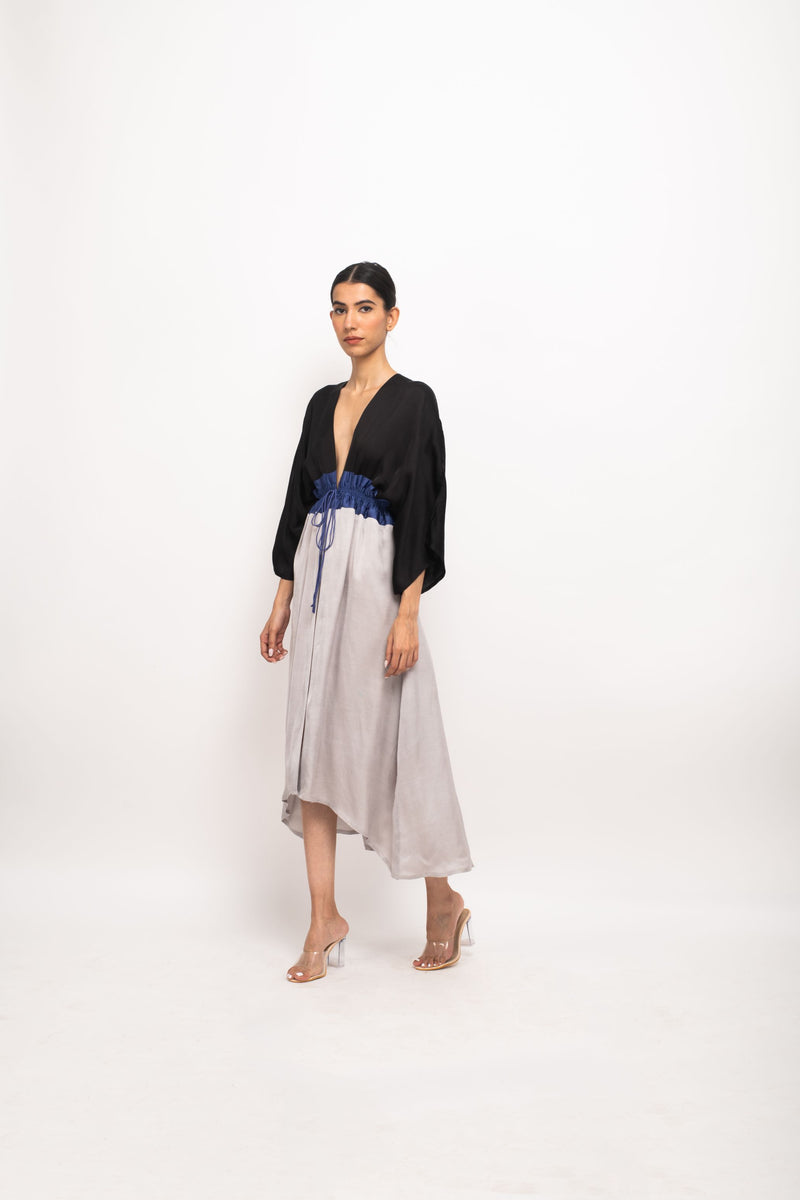 Neora by Nehal Chopra Bemberg Modal Silk Black-Blue-Grey High Low Cape