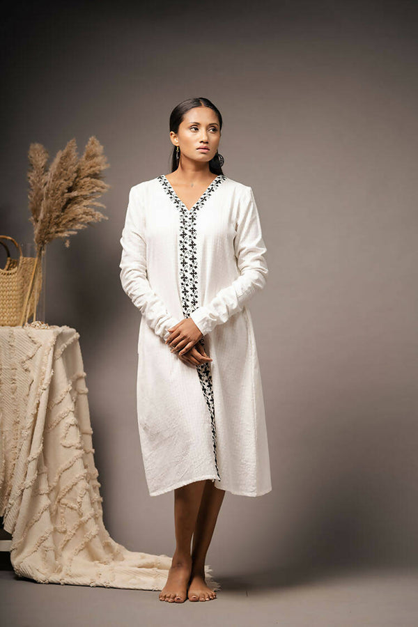 Taraasi Women's White Handwoven Cotton Intricate Embroidered Dress