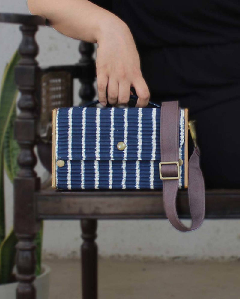 Lukka Chuppi  Combo of Box Sling Bag in Upcycled Cotton and Reclaimed Wood - Baby Pink Lines & Navy Blue Single Line
