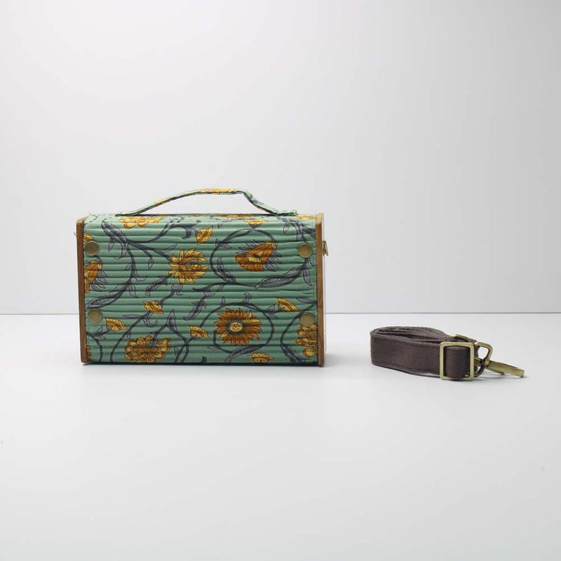 Lukka Chuppi  Combo of Box Sling Bag in Upcycled Cotton and Reclaimed Wood -  Floral Creeper Green & Solid Mauve