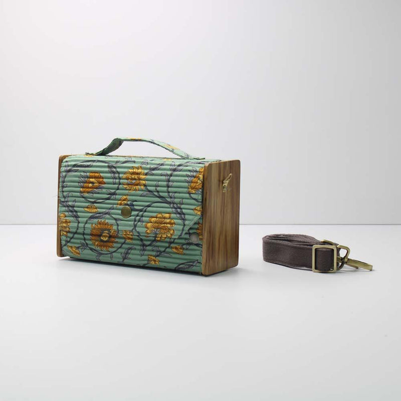 Lukka Chuppi  Box Sling Bag in Upcycled Cotton and Reclaimed Wood - Floral Creeper Green